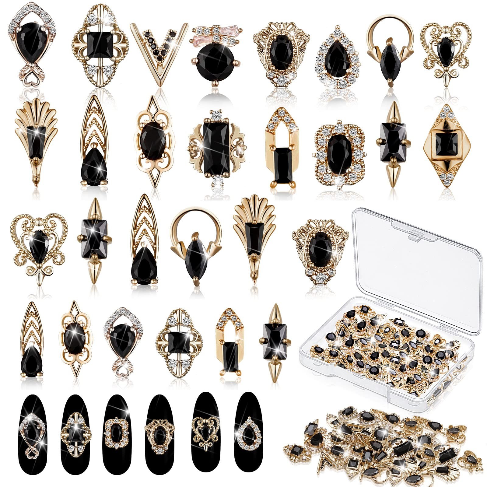24 Pcs 3D Nail Charms – Gold & Black Rhinestones for Acrylic Nails, DIY Art Stor