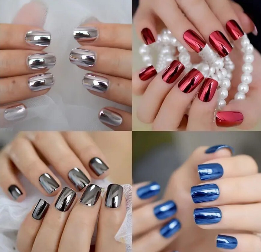 Chrome Red Silver Blue Dark Gray Medium Square Glue On Fingernails 4 Sets