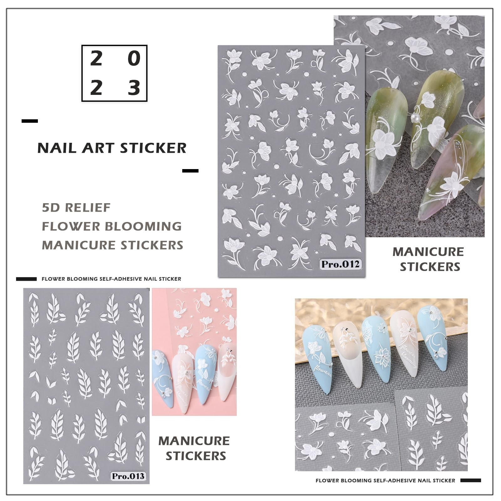 8 Pcs Self-Adhesive Nail Stickers, 5D Embossed Engraved Flower Nail Art Stick…