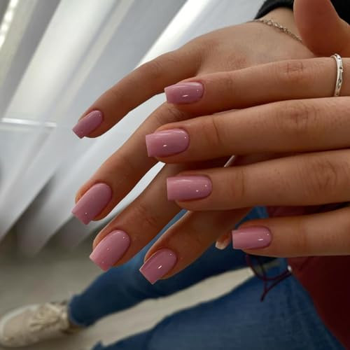 Rose Pink Solid Color Fake Nails Short Coffin Acrylic Press glossy rose pink