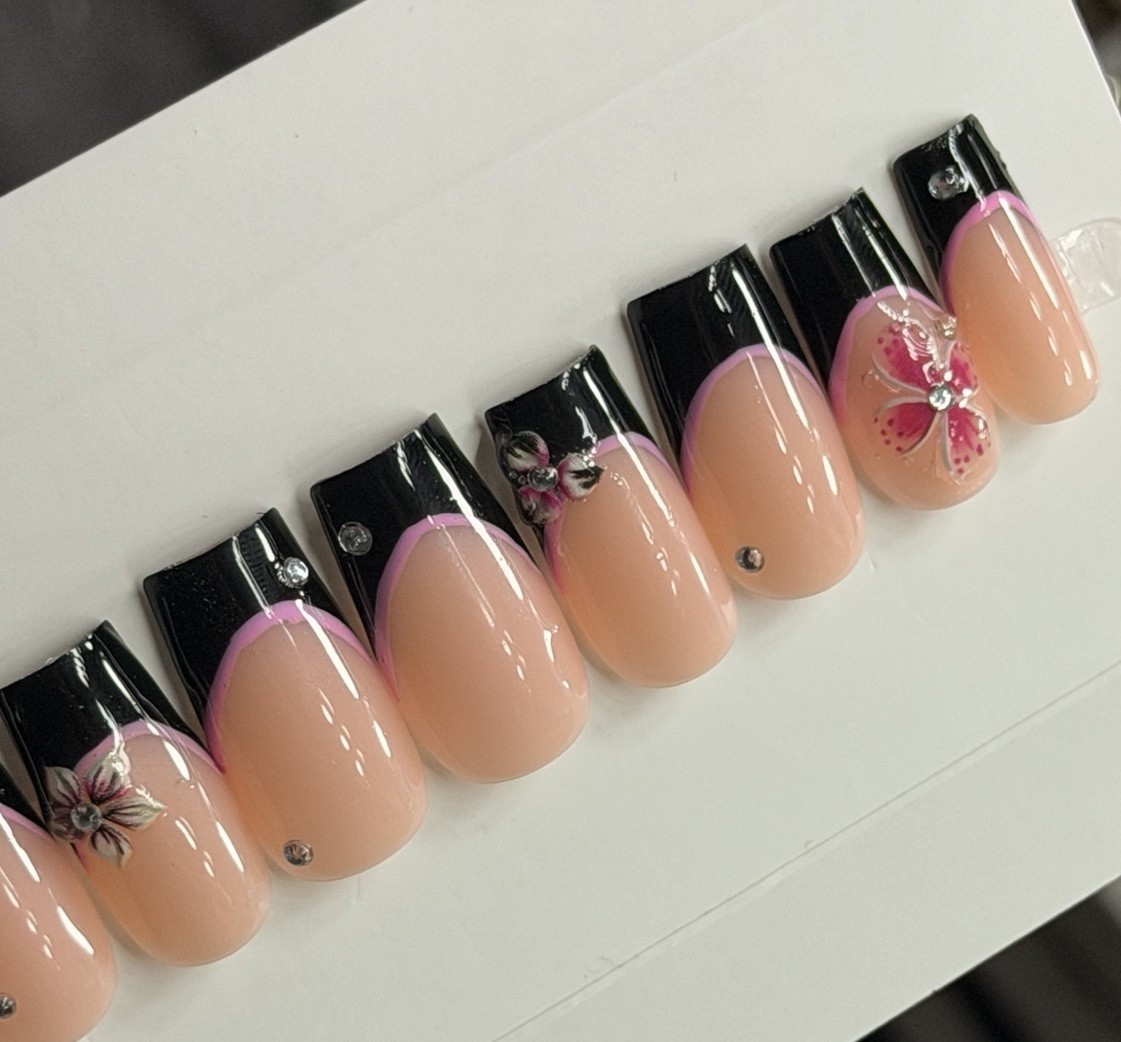 🌸 CUSTOM Press On Nails FRENCH BLACK Flower PINK 10p SET W Kit