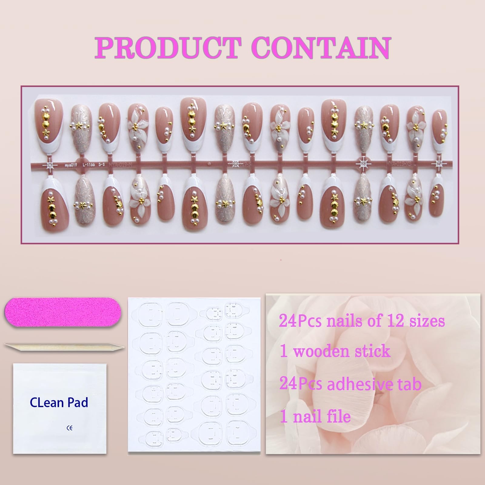 3D Flower French Press on Nails Almond Medium Summer Fake Nails with Gold Sta…