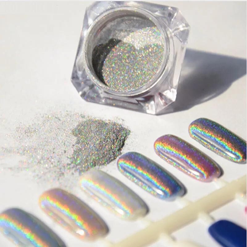 Silver Holographic Nail Powder Glitter Rainbow Nails Holo Effect Dust 2 gram Pot