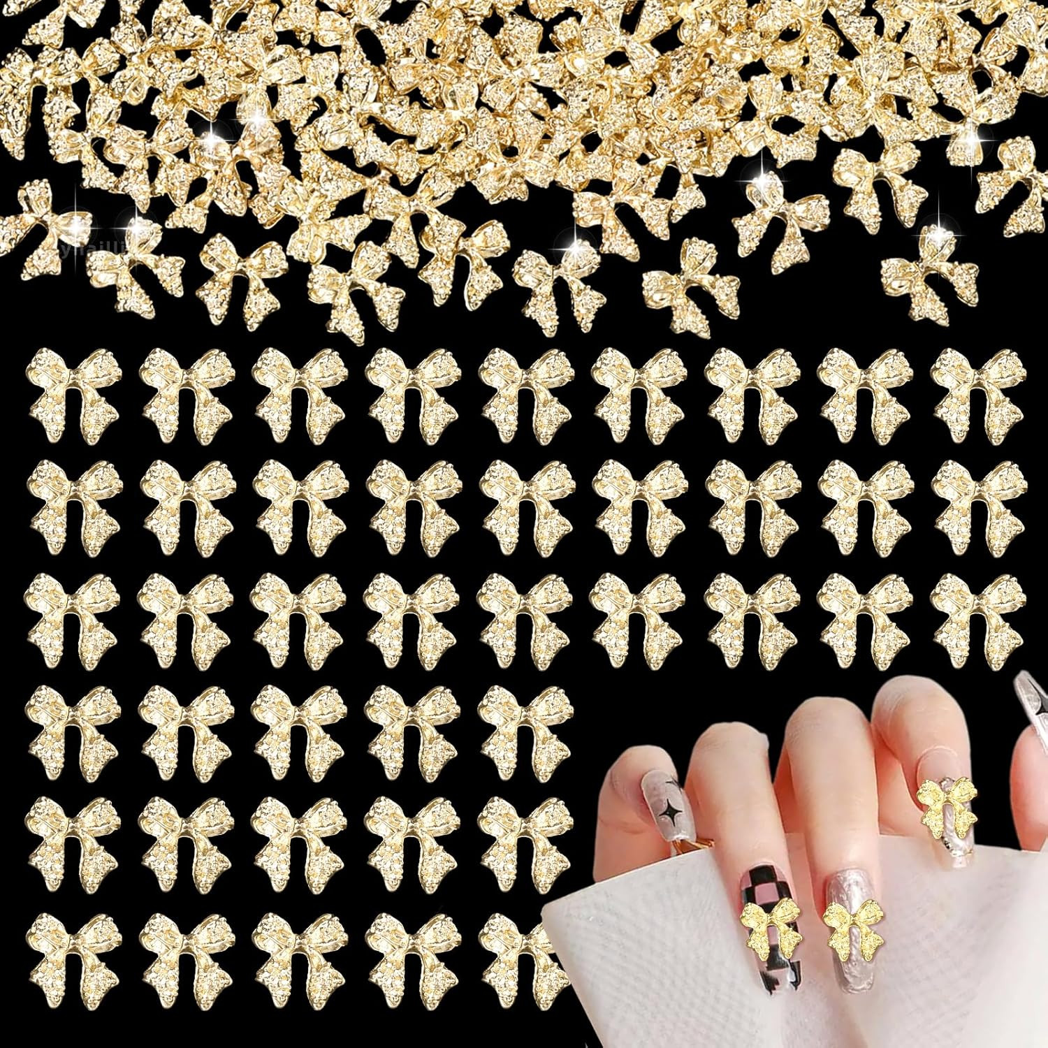 80 Pcs Gold 3D Bow Metal Nail Charm, Luxury Shiny Bows Nail Jewelry Charms for A