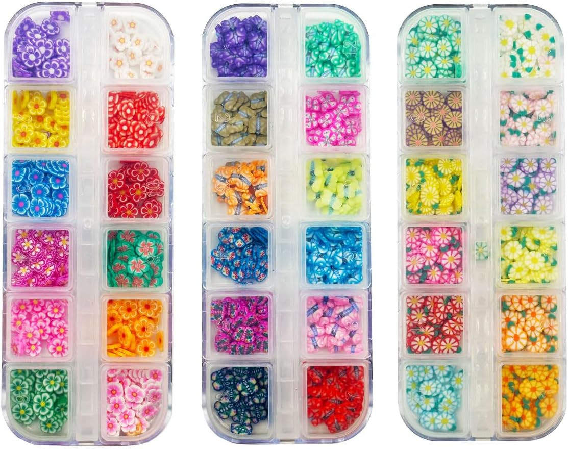 3 Boxes Flower Butterfly Nail Art Slices, 3D Polymer Clay Mini Slices Resin M…