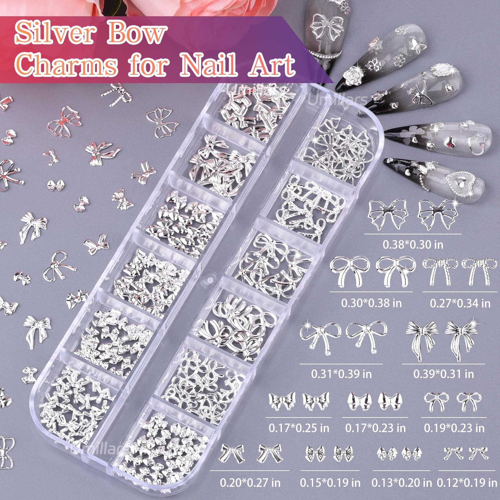 6 Boxes Silver Nail Charms with Nail Pearls, 3D Star Cross Nail Art Studs Met…