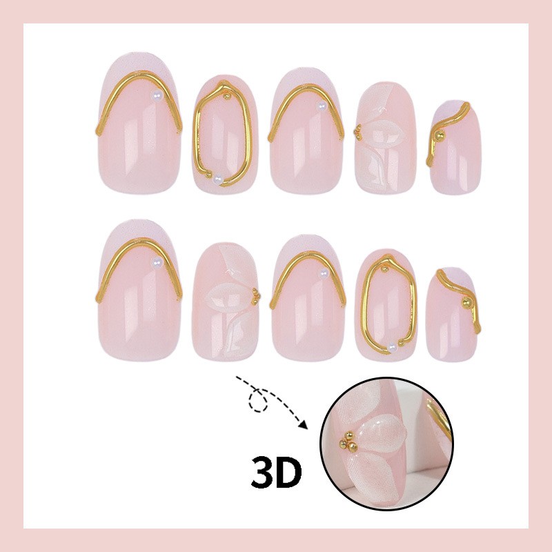 48 Pcs White Floral Gold Line Oval Press on Nails, Elegant Daily Nude Fake Nails