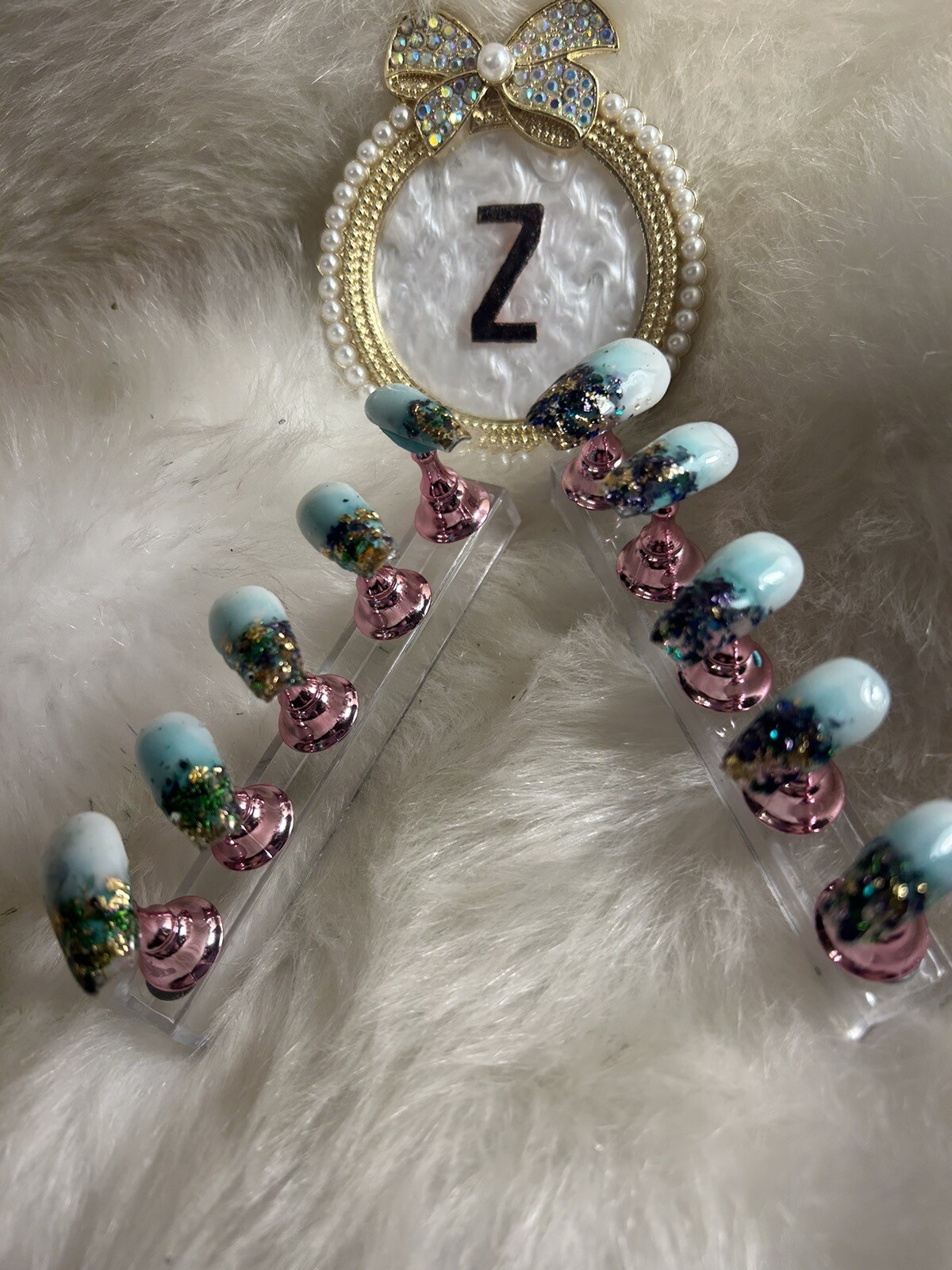 Z NAILZ! Handmade M Coffin Milky White W/ Mardi Gras Metallic Flakes Press Ons