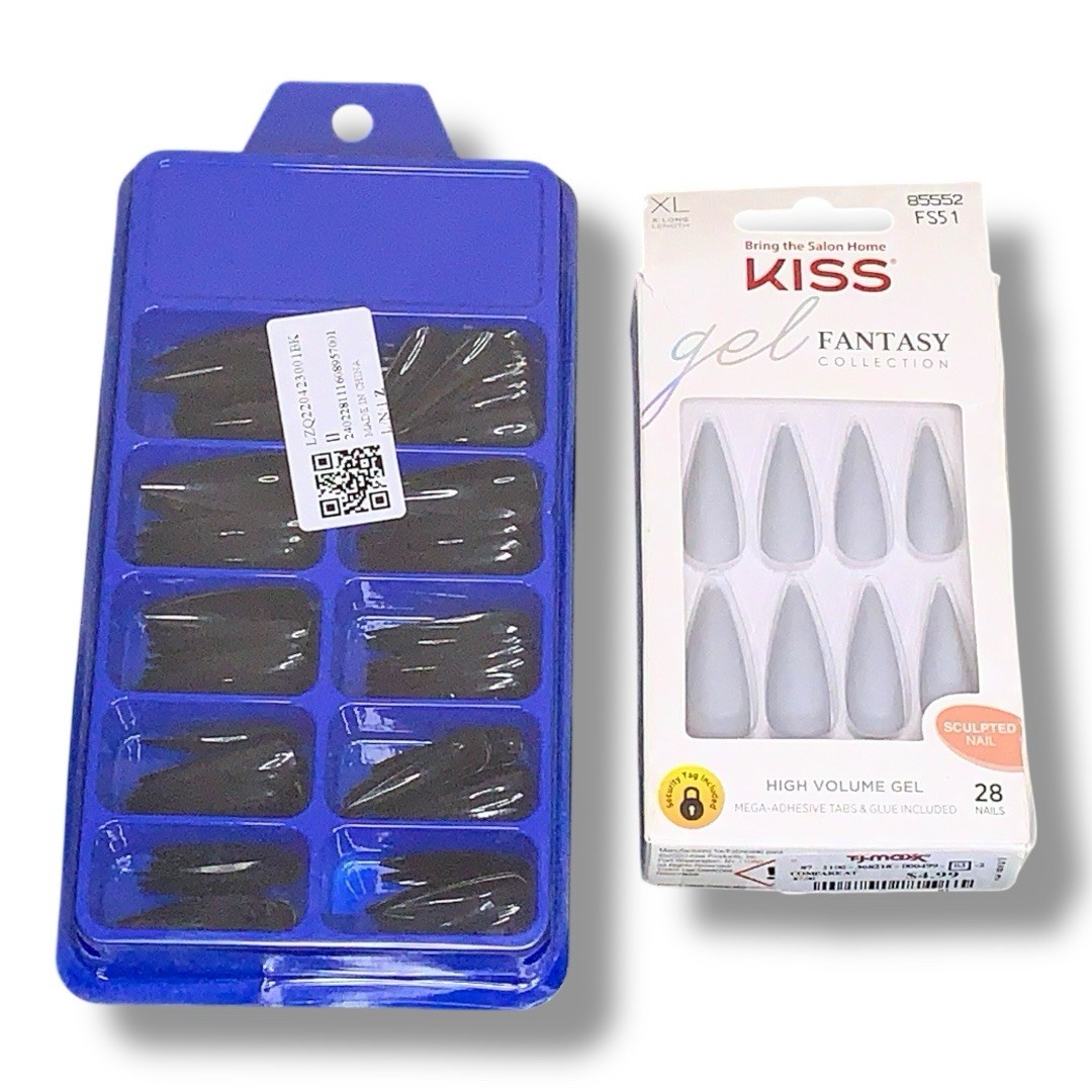 Lot Of 2 Artificial Nails Claw Stiletto Style Grey Black Glam Goth Press On
