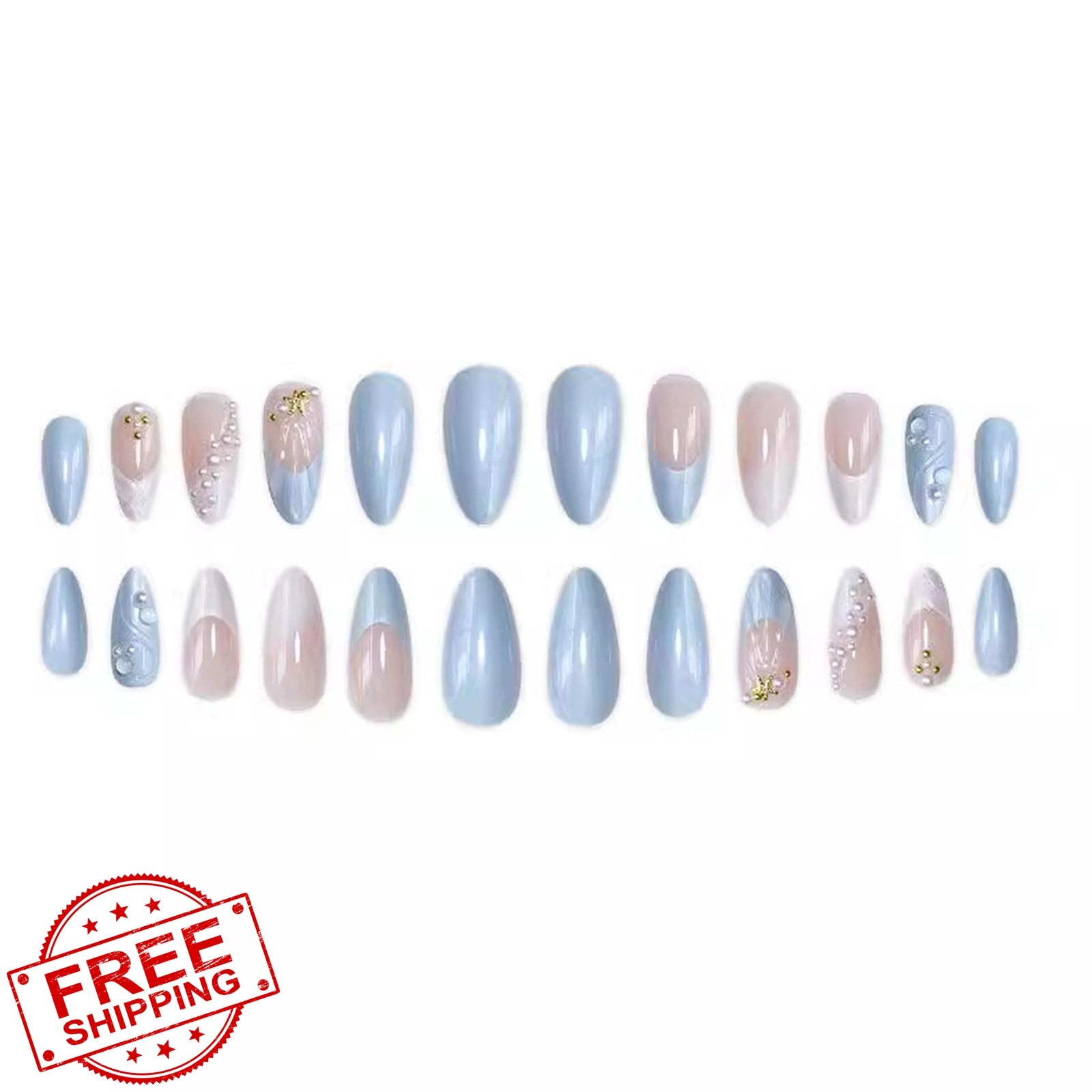 Xenophoer French Tip Almond Nails Pearls Gold Star designs-62316