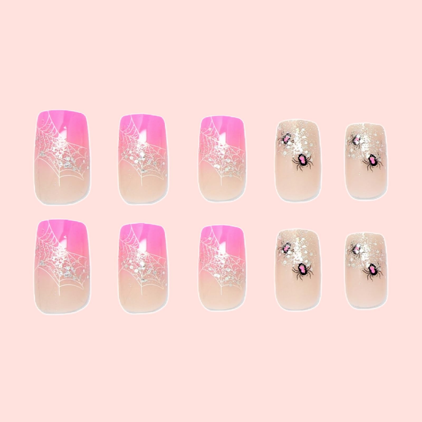 24Pcs Halloween Press on Nails Short Square Pink Fake 4*2*0.3in, Multicolor