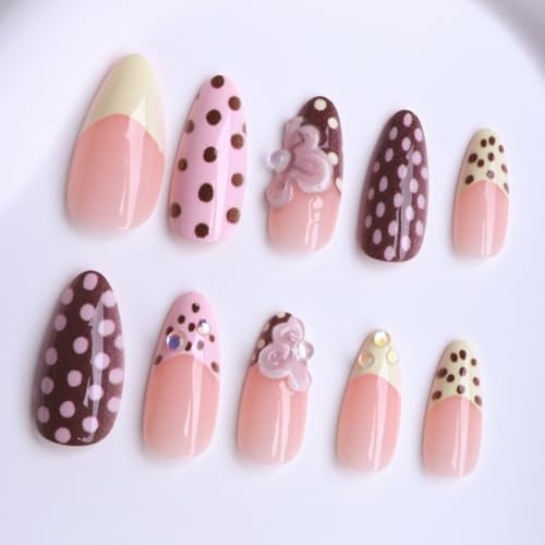 Polka Dot Press on Nails with Flower Accent,Medium Almond Pack of 24 Style-5