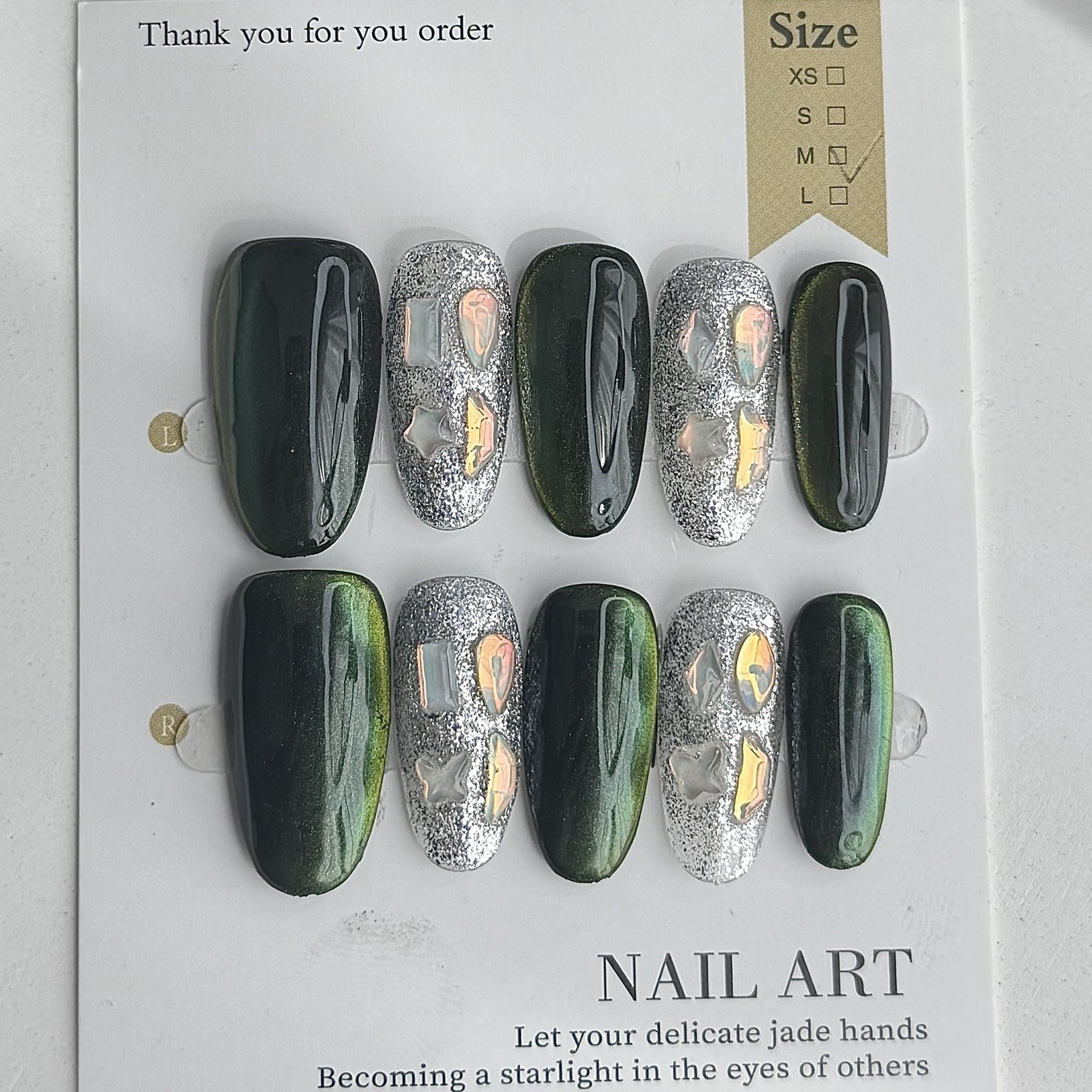 Handmade Dark Green Silver Rhinestone Press-On Nails Medium Oval Reusable