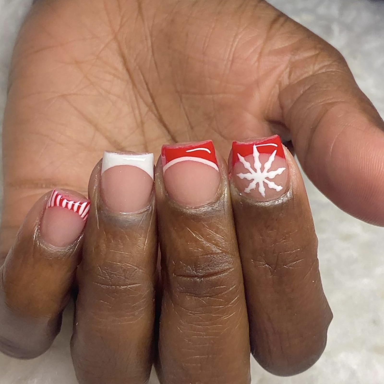 Christmas Fake Nails Short Square French Tip Winter Press on Nails Red White …