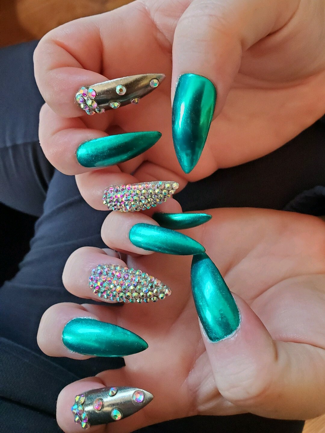Teal & silver chrome stiletto bling nails green crystal emerald Christmas set