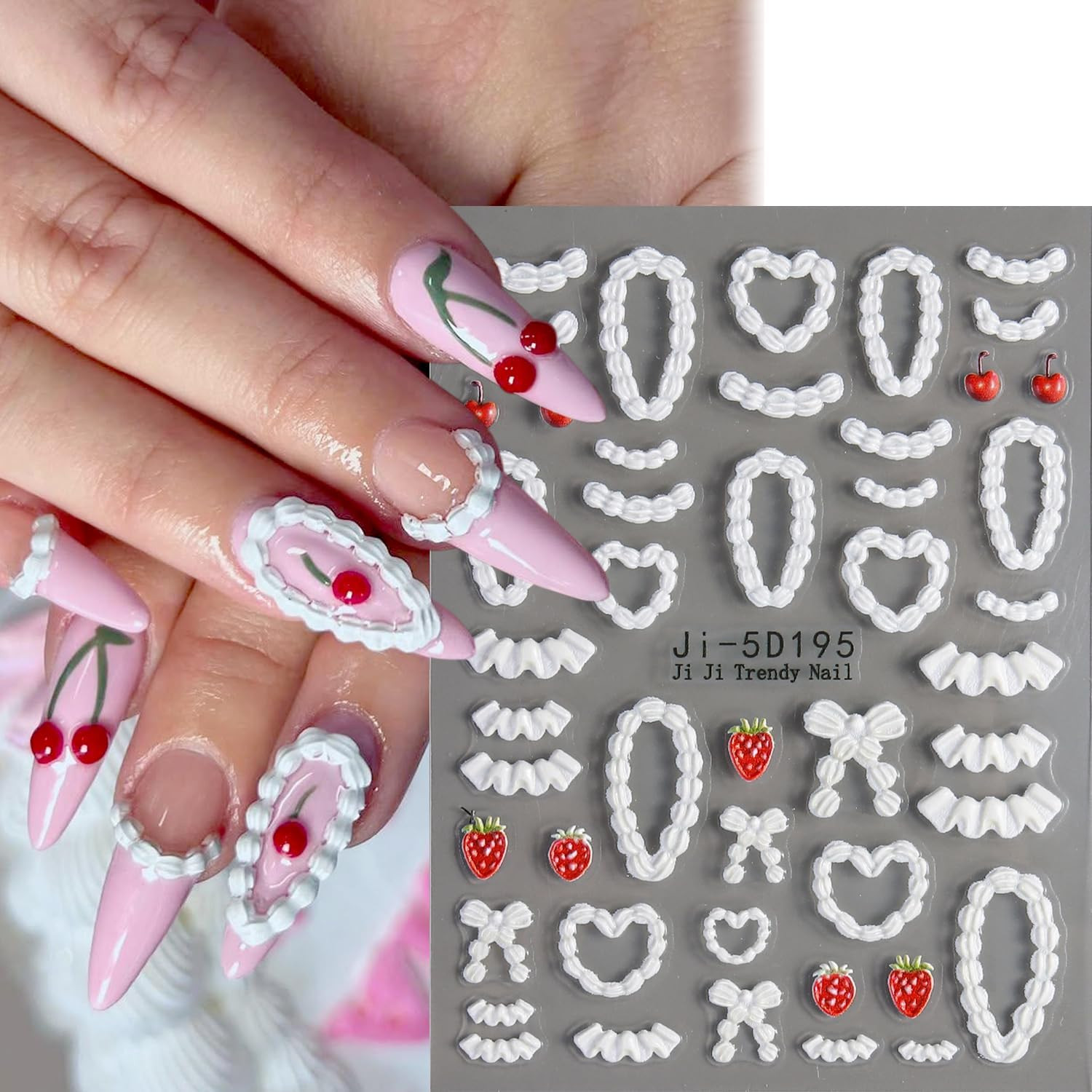 Cake Cream 5D Embossed Nail Art Sticker, Cute Birthday Creamy Chain Rose Stra…