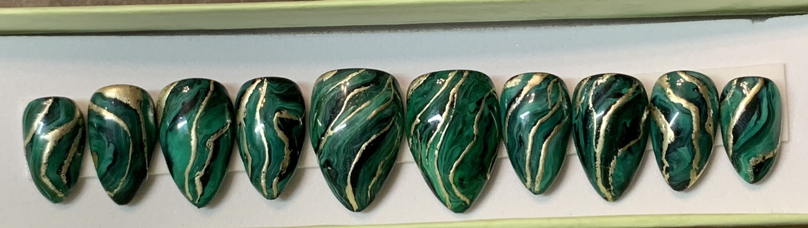 Malachite Inspired Short Length Almond Press On Nails Size Large 0,4,3,5,7