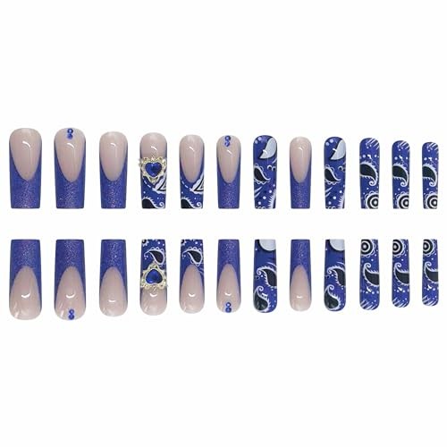 Square Fake Nails – Royal Blue – 3D Heart Glue Ons – Long Press