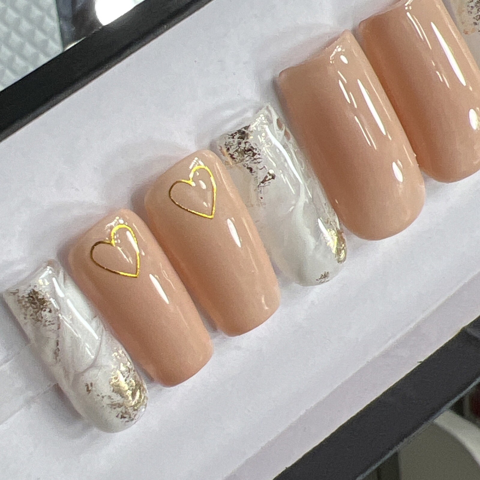 💕 CUSTOM Gel Press On Nails, MARBLE Nude HEART W BLING 10p FULL SET W Kit