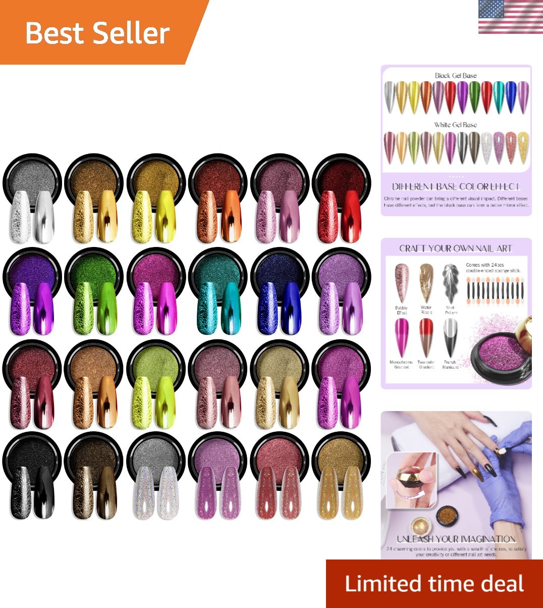 Chrome Nail Powder Set: 24 Colors Metallic Mirror Effect Holographic Iridesce…