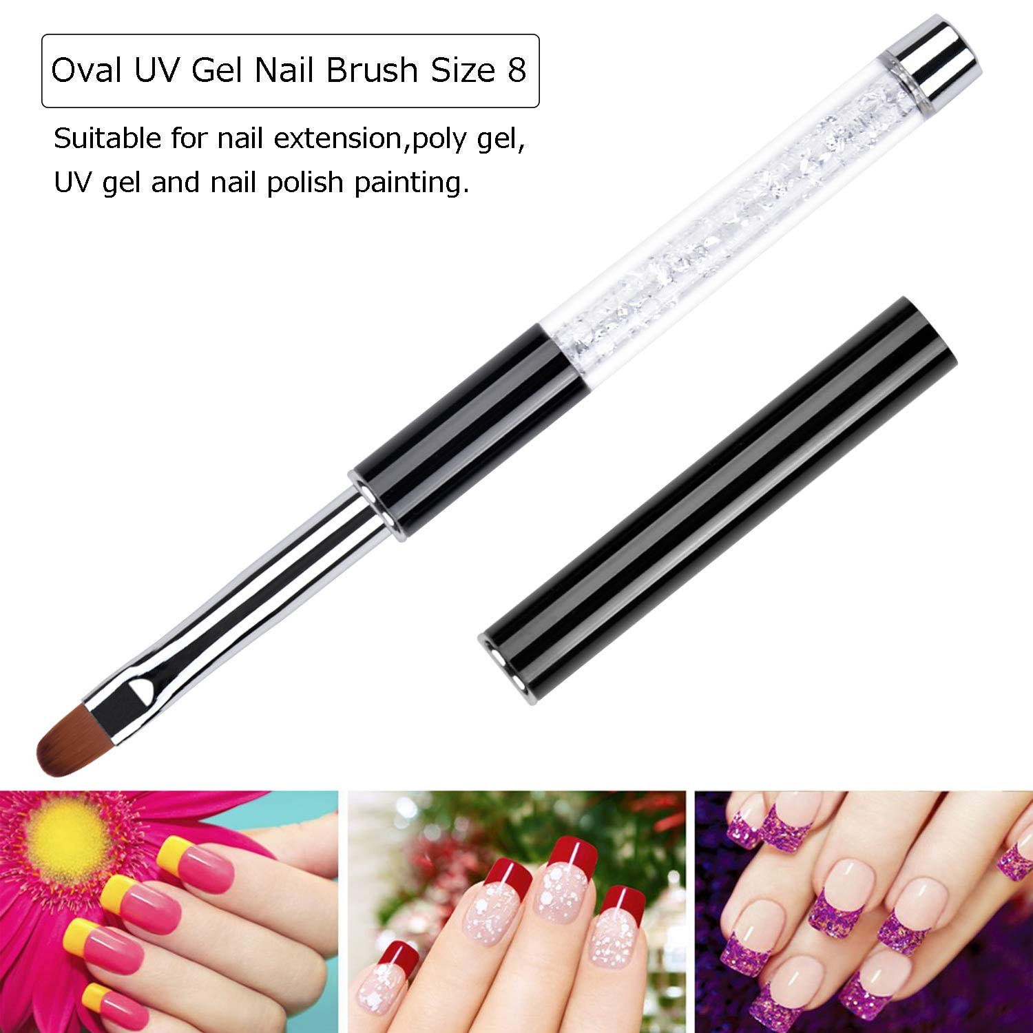 2Pcs Oval & Flat UV Builder Gel Nail Brush Set Rhinestone Handle Professional Na