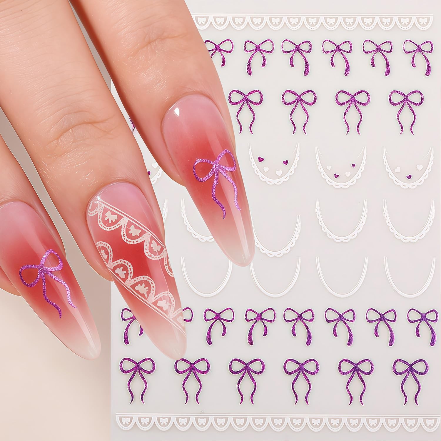 Bow Nail Decals for Nail Art 3D French Tip Nail Stickers Self-Adhesive Decor