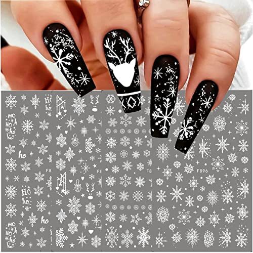 8PCS Snowflake Nail Art Stickers White Glitter Snow Nail Design 3D Self