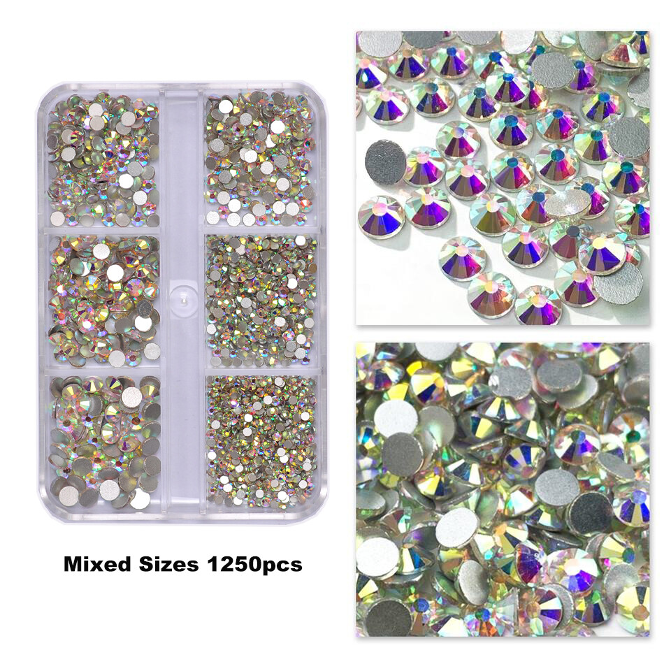No Hotfix Nail Art Rhinestones 6 Grids SS4-SS16 Flat Back Crystal With tools