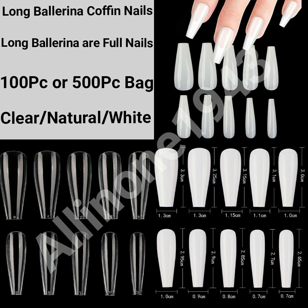 100/500/600Pcs Long Ballerina Coffin/Flat French/Stiletto/Almond False Nail/Tips