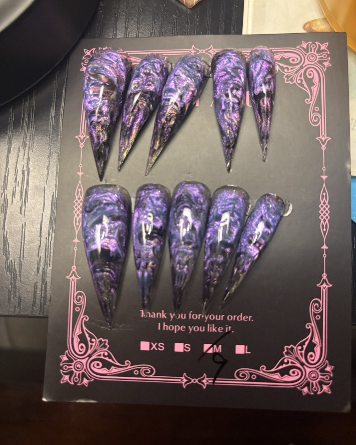 Press-On Nails Set Purple/Black Shiny Abstract Long Stiletto Full Cover
