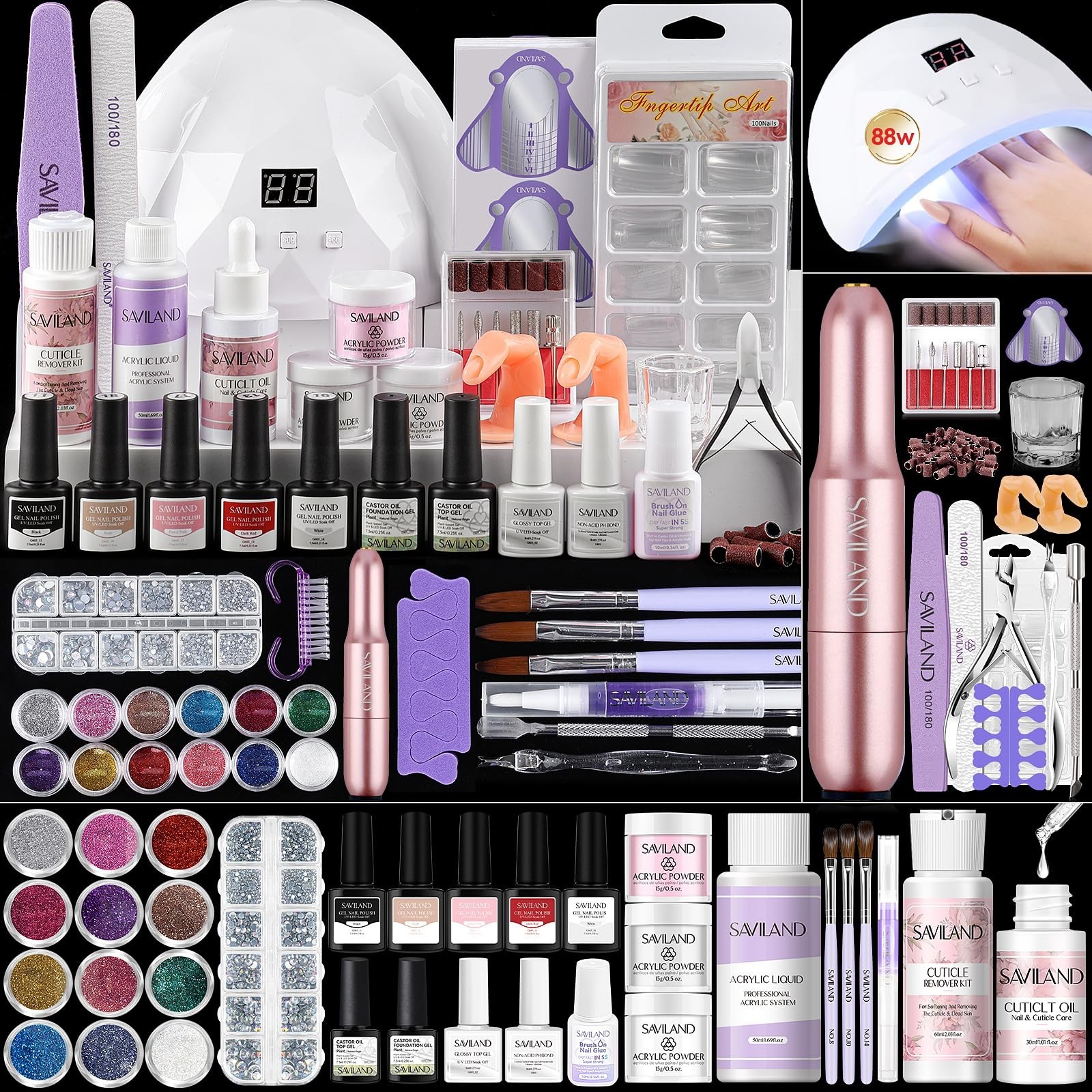 Acrylic Nail Kit All-in-One Set with 88W Nail Lamp, Monomer, Gel Polish & Drill