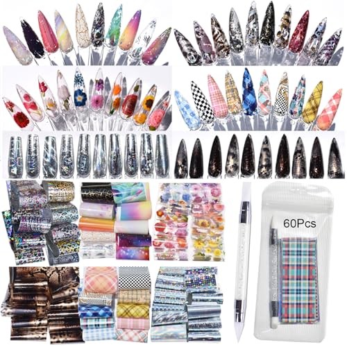 Nail Art Transfer Foils Pieces, Mixed Designs – Dried Flowers, Iridescent, 60