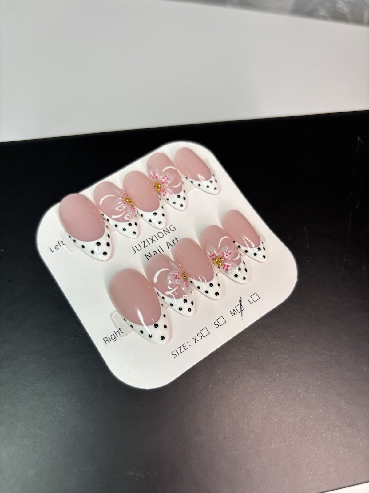 Polka Dot French Almond Press On Nails With Floral Details Size Medium New