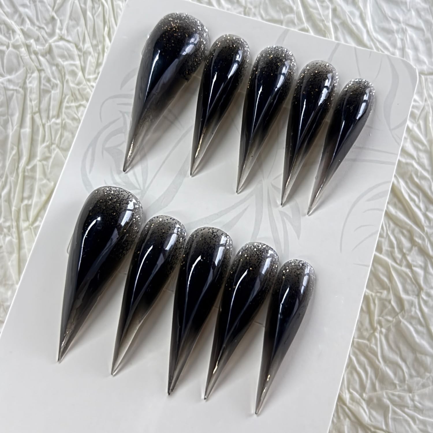 10 Pcs Glitter Handmade Press on Nails Transparent Black Long Dragon Claw Han…