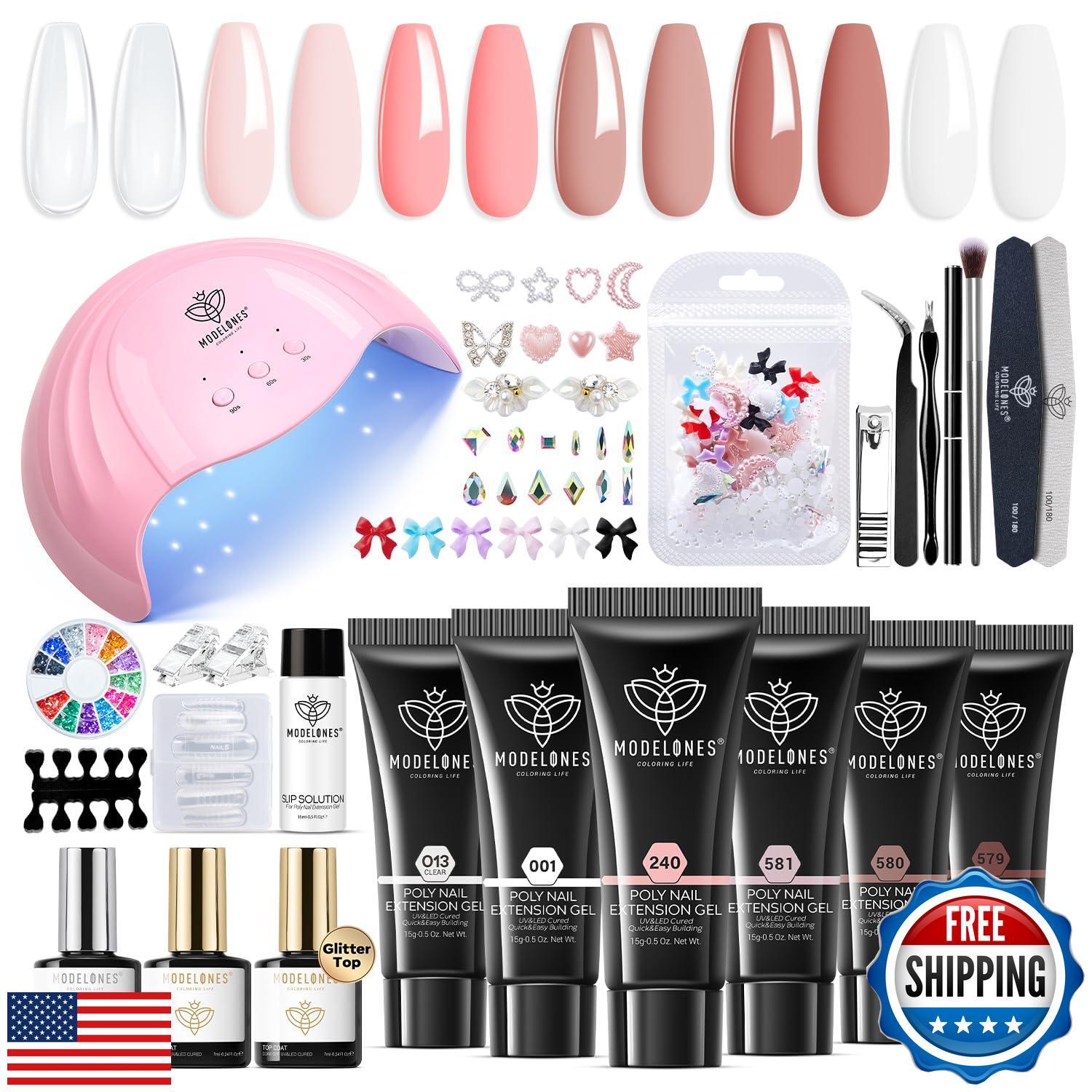 Modelones Poly Extension Gel Nail Kit, 6 Colors Pink Nude with 48W U V/LED La