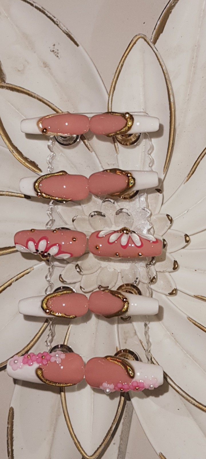 Nude 3D Floral Design Gel Nails