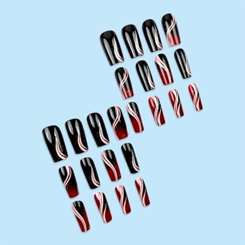 Coffin Press on Nails Medium Length Fake Nails Black Red Gradient Style 21