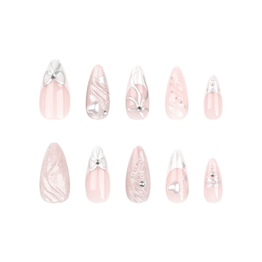 3D Press On Nails Self Adhesive Almond Shape with Heart Bow French Tip Design