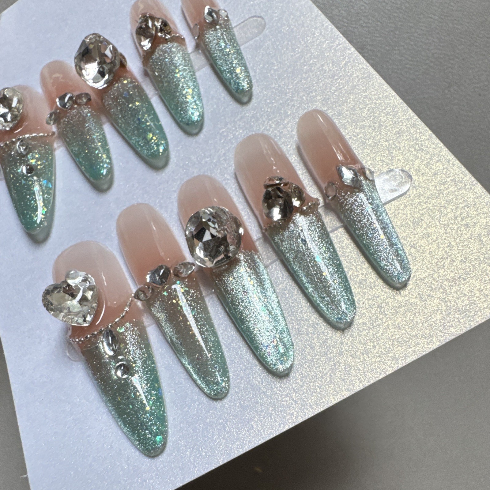 Press-On Nails Long Stiletto Nude/Green Rhinestone Theme Shiny Full Cover