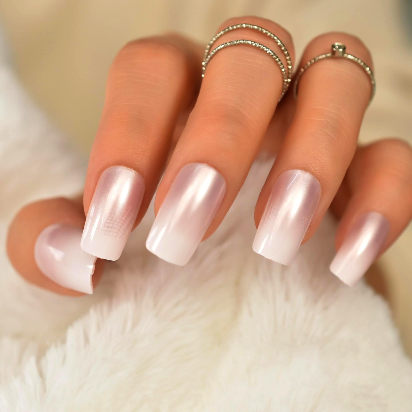 Elegant Pearl Pink French Press On Nails Medium – Ombre Acrylic False Glue On…
