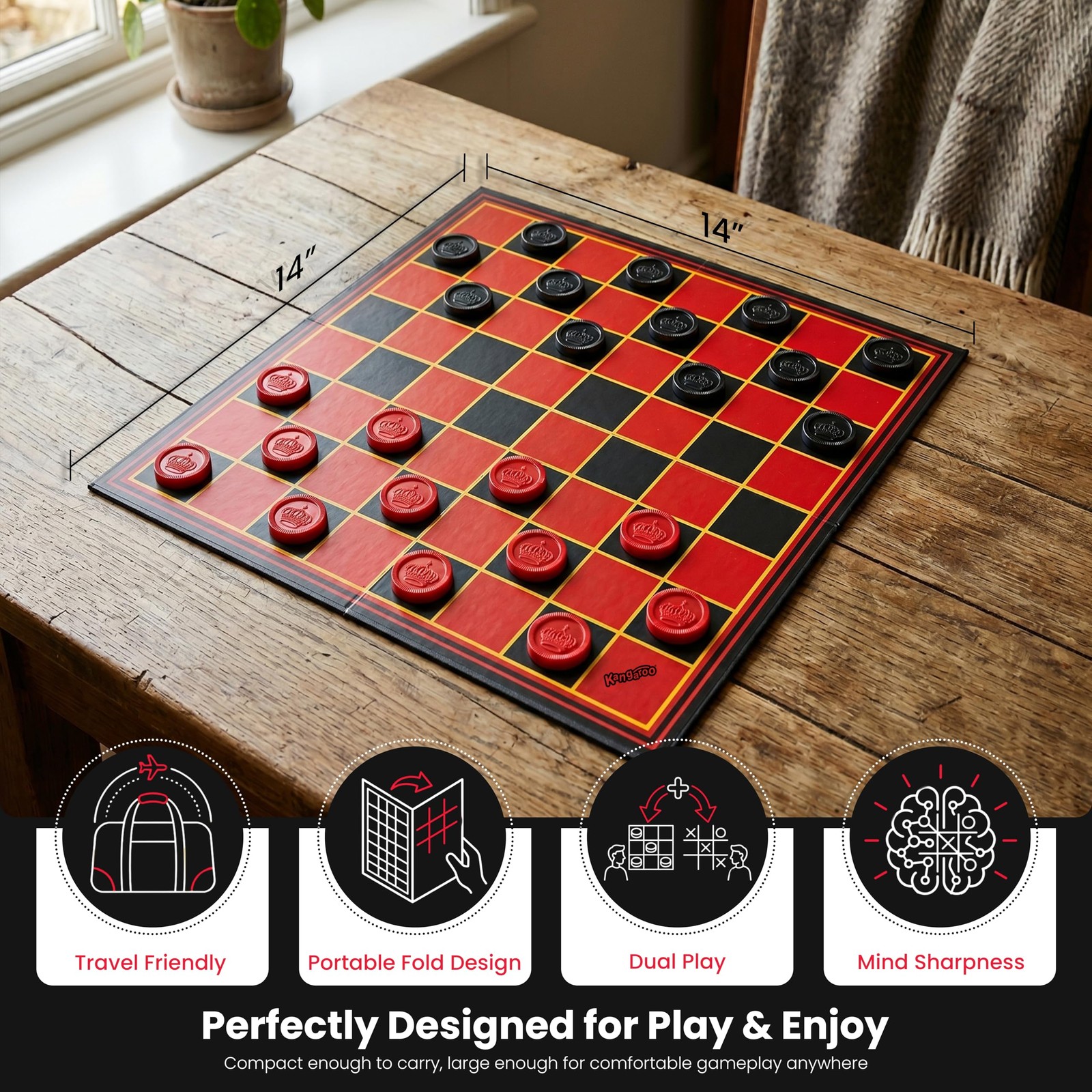Kangaroo – Multiplayers Strategy Checker Board 15 x 15 inches, Red and Black