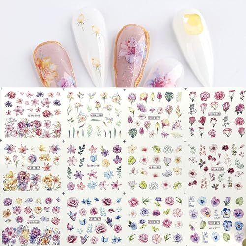 24PCS Floral Nail Stickers Pink Blue Flowers Nail Stickers Water Transfer