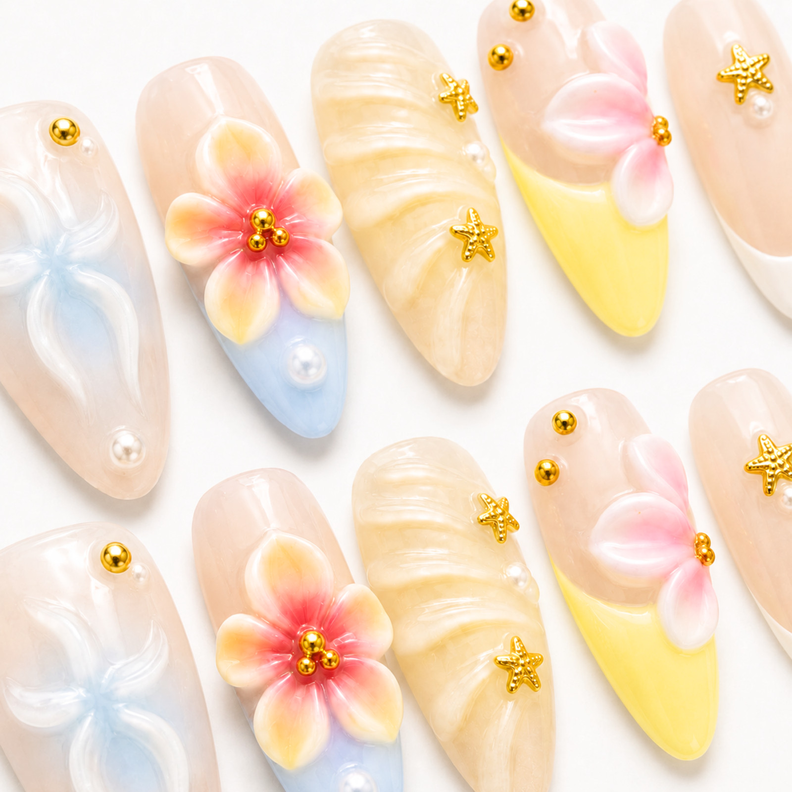 Handmade 3D Floral Press On Nails Pastel Beach Starfish Pearl Accent Set