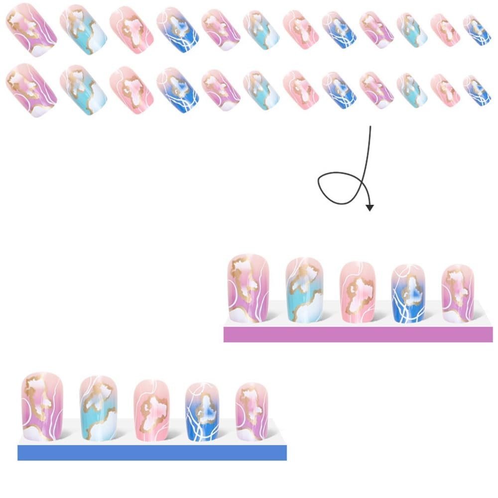 Press on Nails Medium Square Fake Nails with Blue Pink Gold Curved Line Designs