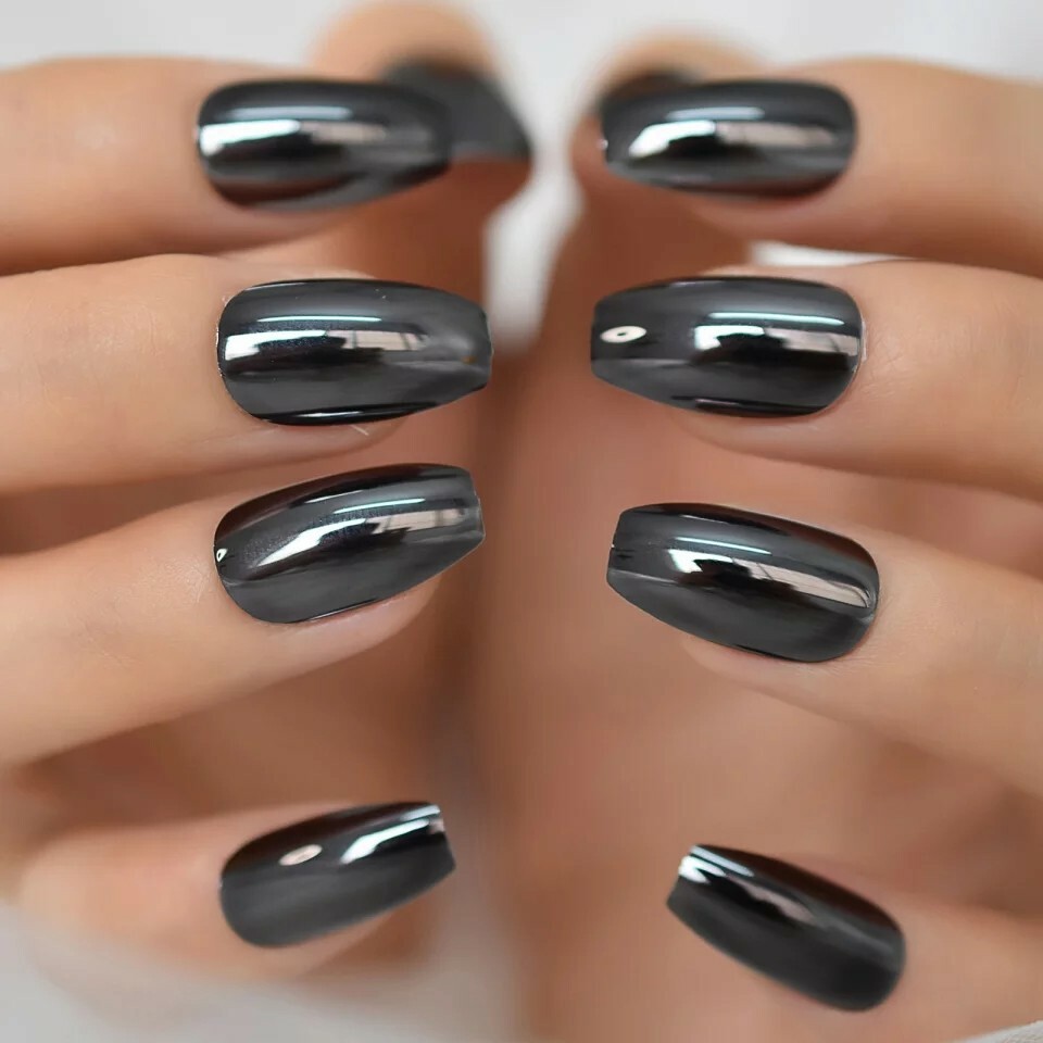 Gunmetal Gray Chrome Mirror Medium Coffin Press On Nails Fake False 24 Set