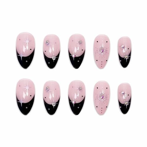 Press on Nails – Medium Almond Glue on Nails with Black French 03306-01Black
