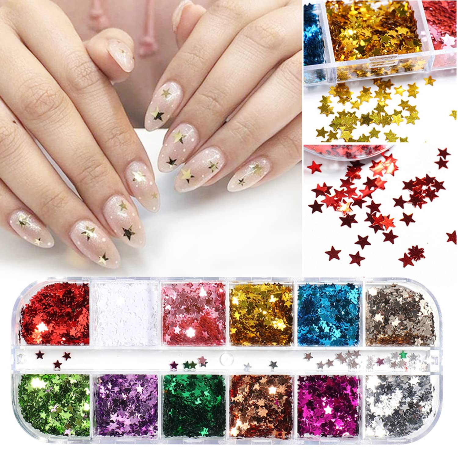 Stars Sequins, 3D Sparkly Five-Pointed Star Nail Flakes, 12 Color Star Nail A…