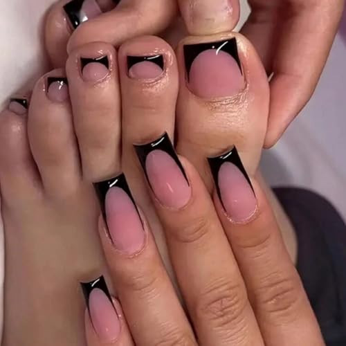 48 Pcs Black French Tip Press on Nails & Toenails Set Solid Color Short Toe