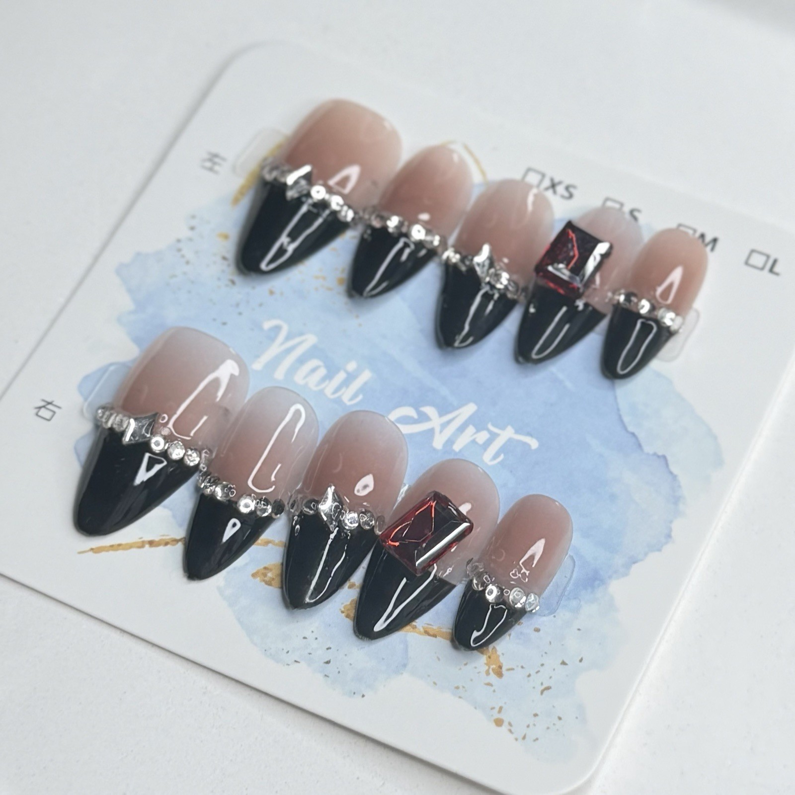 Handmade Black French Tip Press-On Nails Medium Almond Reusable Fake Nail