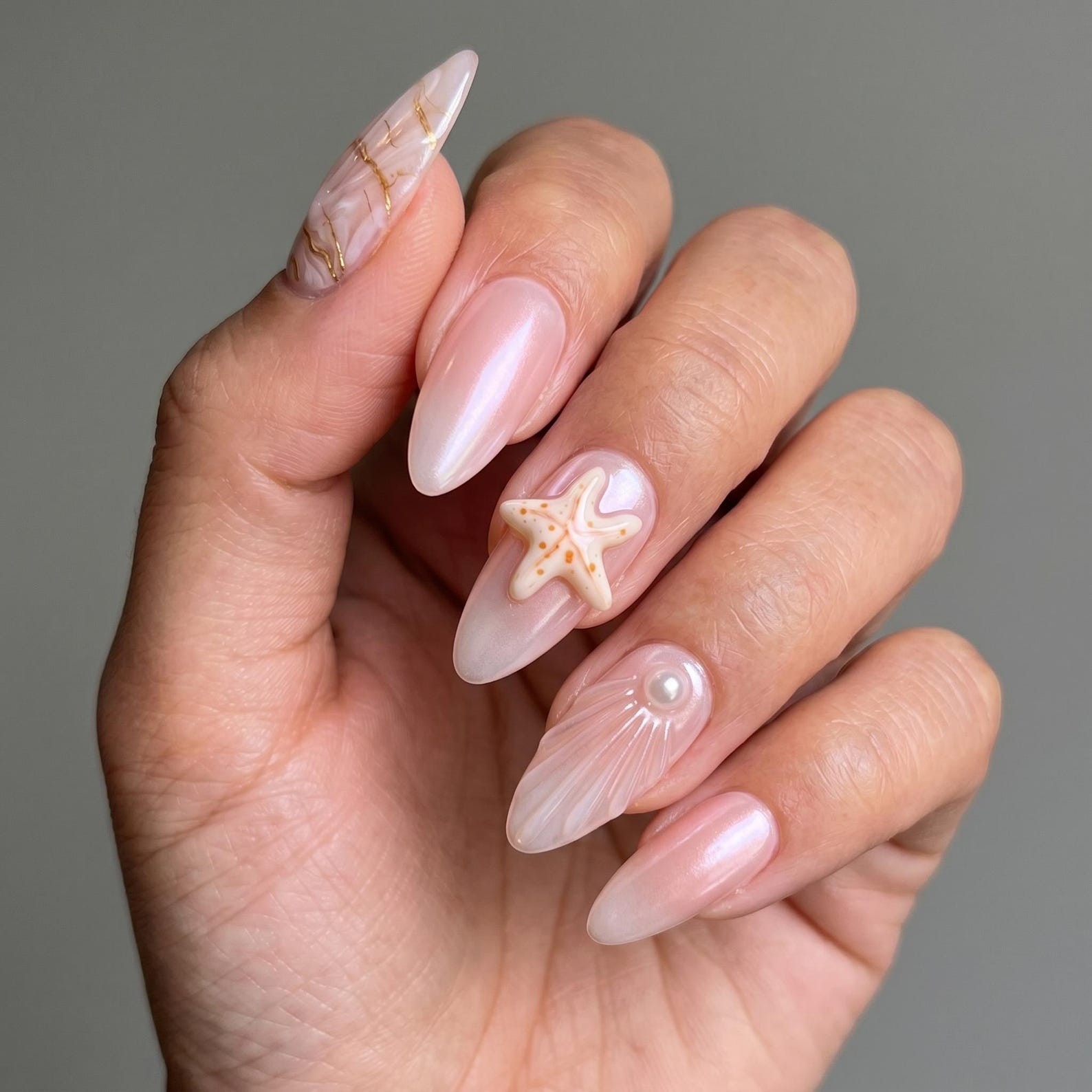 Handmade Pink Aurora Gradient Starfish Shell Pearl Medium Almond Press on Nails